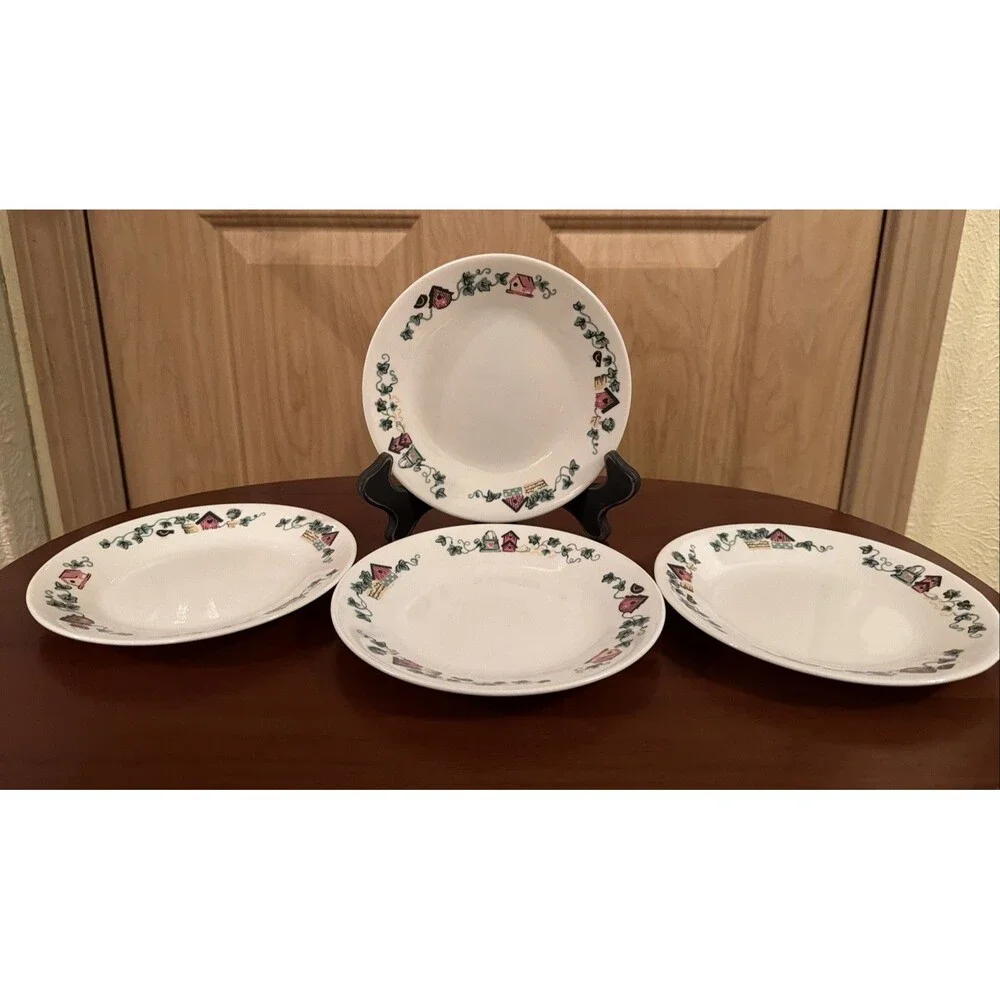 Set Of 4 Corelle GARDEN HOME 6.75” Bread Dessert Plates Birdhouse/Ivy Design GUC